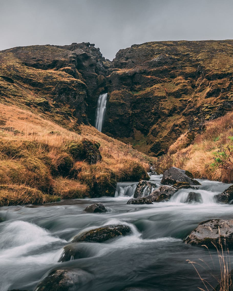 Waterfall in Between Rock Formations, cascade, daylight, environment HD wallpaper