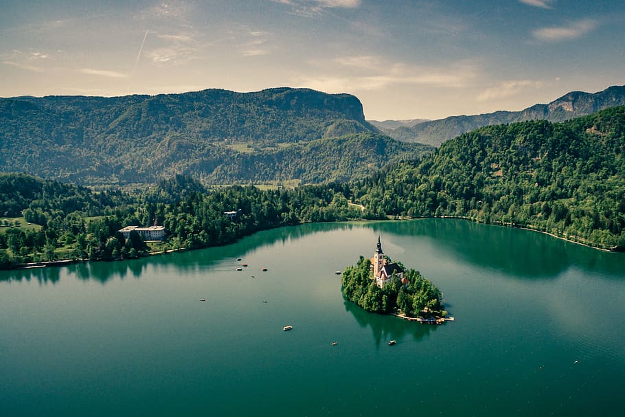 slovenia, bled, lake, aerial, church, water, mountain, beauty in nature