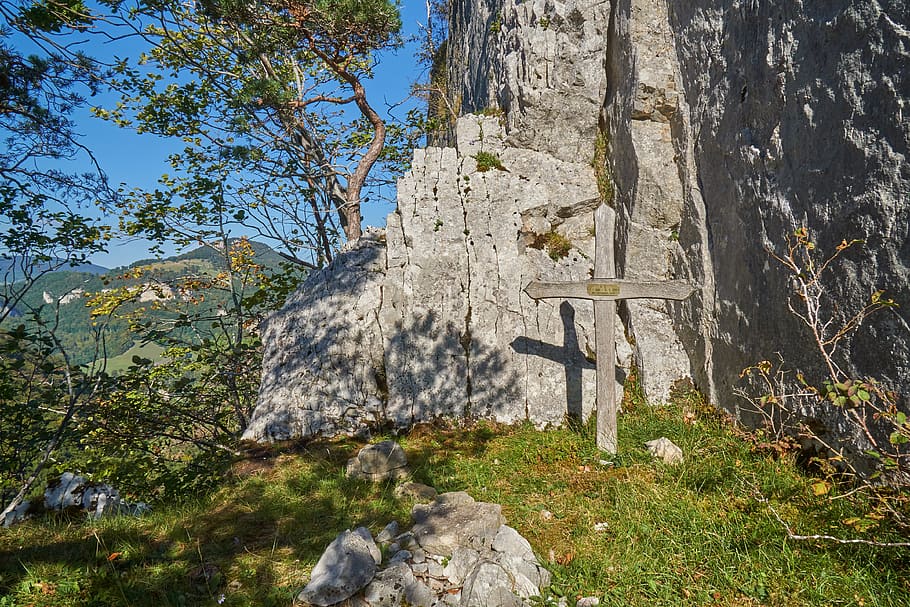 cross, mountain, accident, rock, mountains, sky, panorama, summit, HD wallpaper