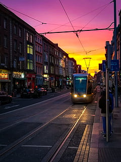 dublin, luas, transport, sunset, transportation, road, travel HD wallpaper