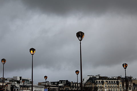 lamp post, sky, rain, sad, dark sky, paris, background, building HD wallpaper