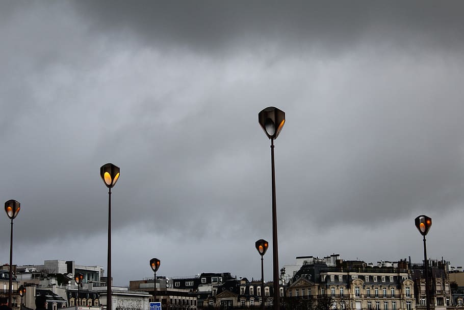 lamp post, sky, rain, sad, dark sky, paris, background, building, HD wallpaper