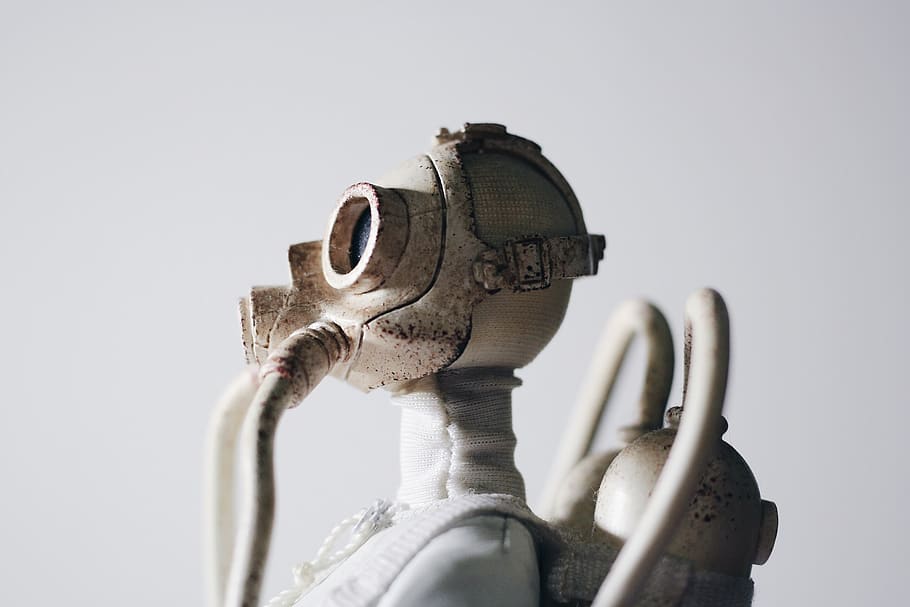 statue, gas mask, respirator, apocalyptic, sculpture, artwork