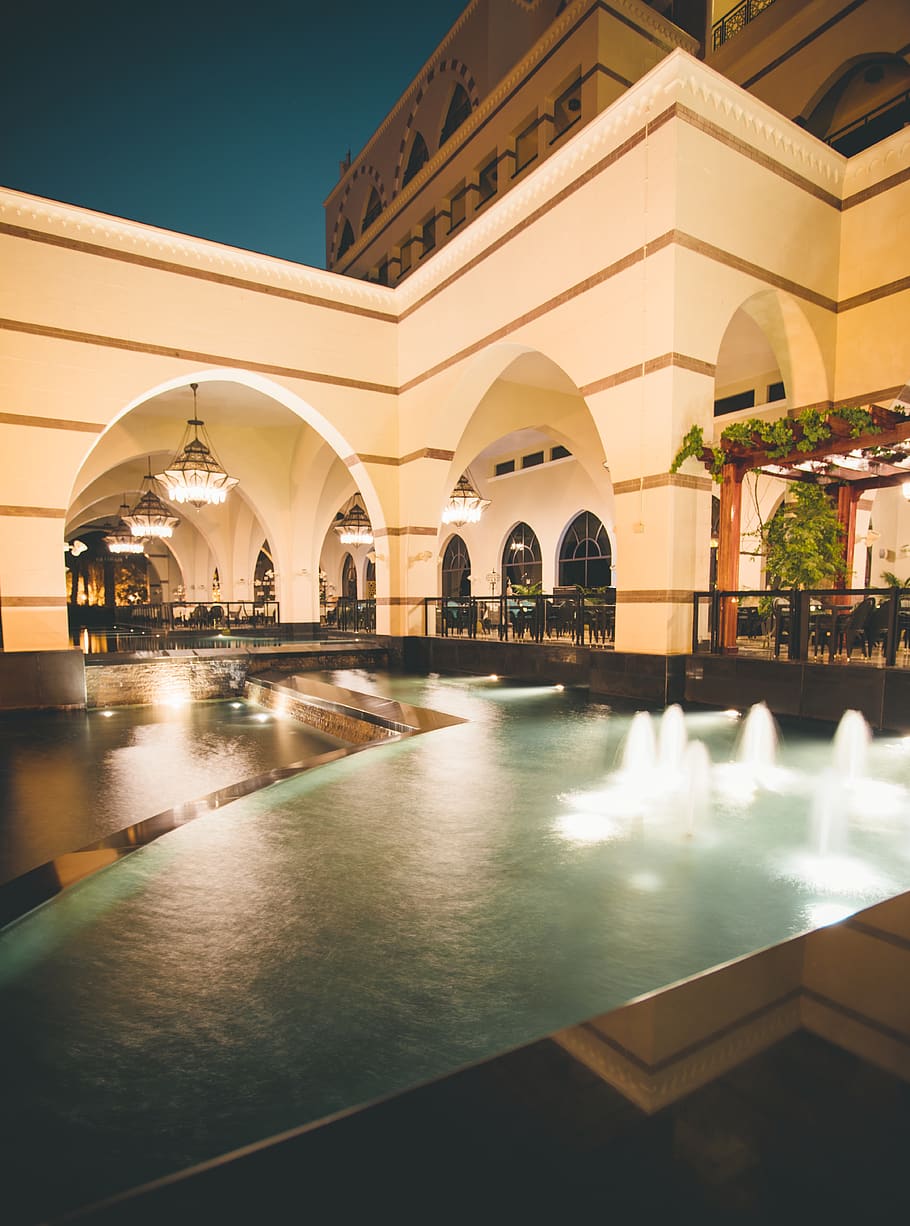 white concrete building, water, architecture, lighting, fountain HD wallpaper