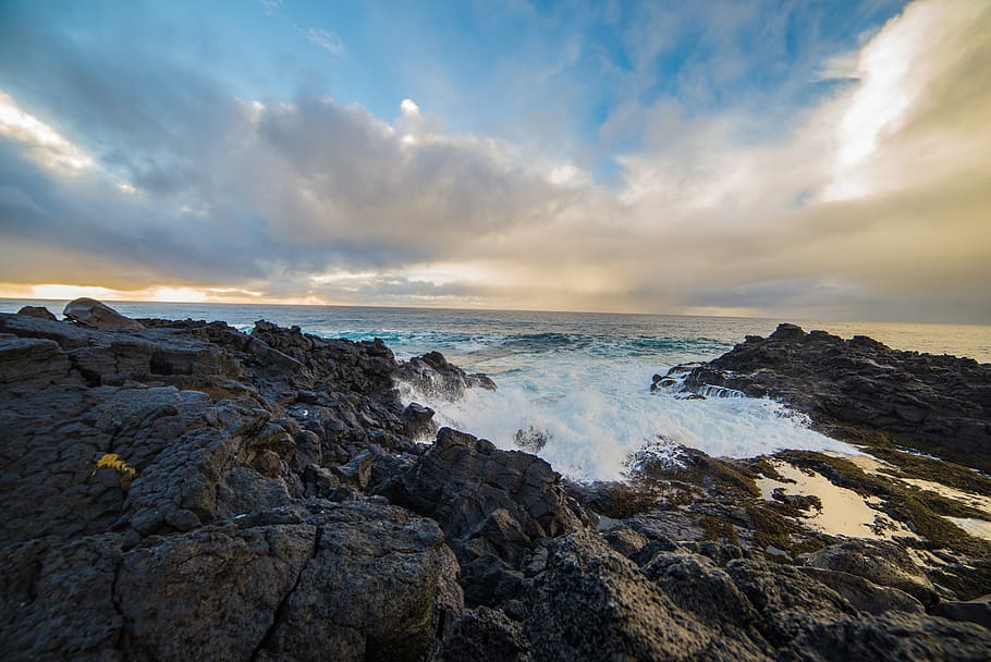 shore, clouds, landscape, beach, ocean, sunset, waves, water HD wallpaper