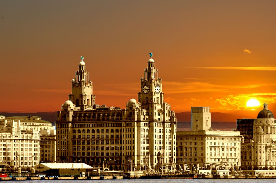 three graces, liverpool, england, sunset, liver buildings, cunard buildings, HD wallpaper