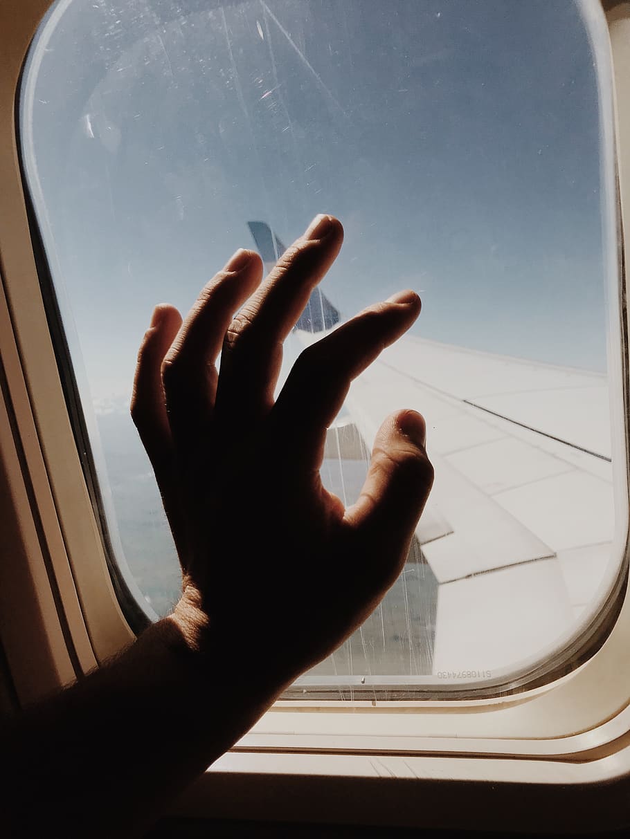 person holding glass of airline, human, finger, hand, window, HD wallpaper