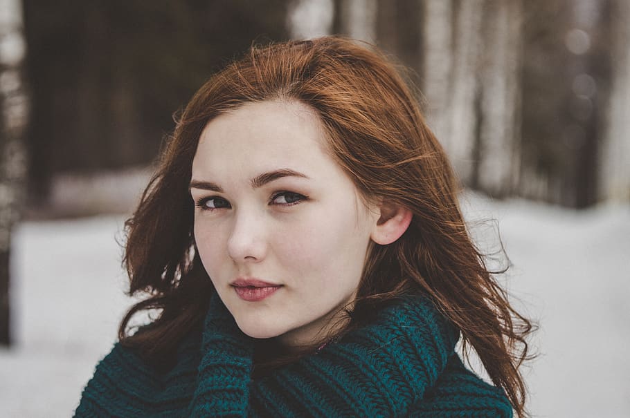 Woman's Blue Knit Top, beautiful, close-up, cold, eye, facial expression HD wallpaper