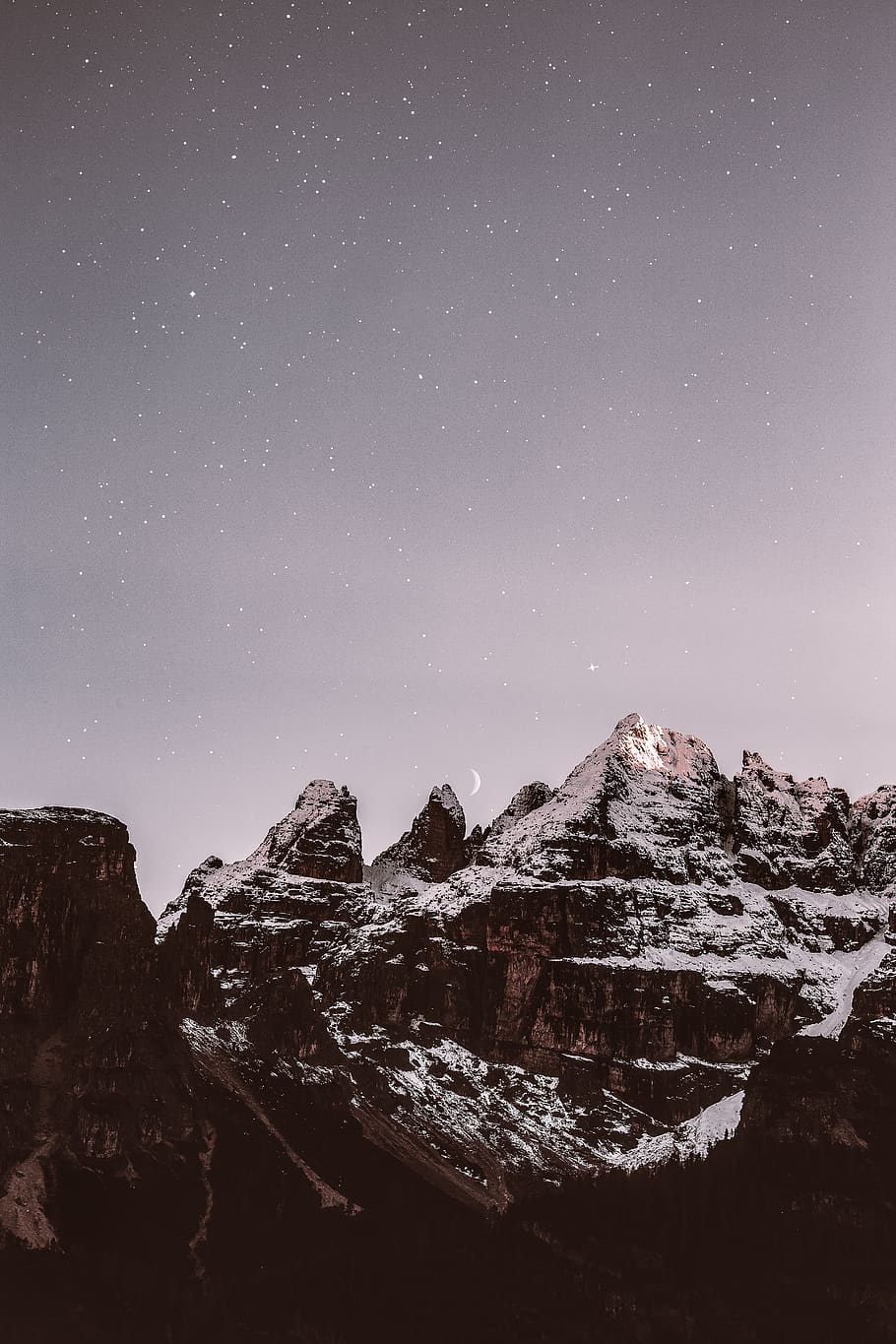 mountain range covered by snow during nighttime, star - space HD wallpaper