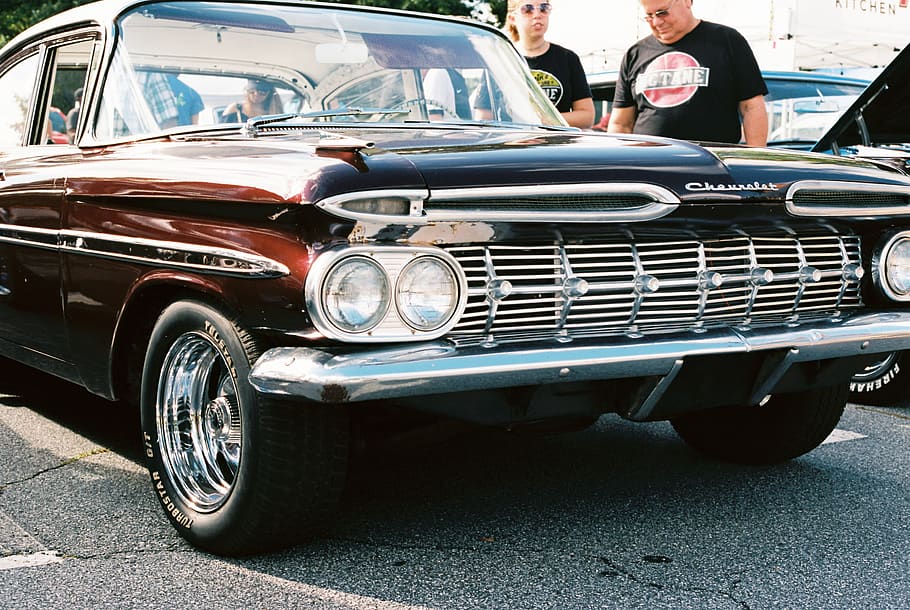 brown car, street, person, vintage, classic car, retro, chevrolet HD wallpaper