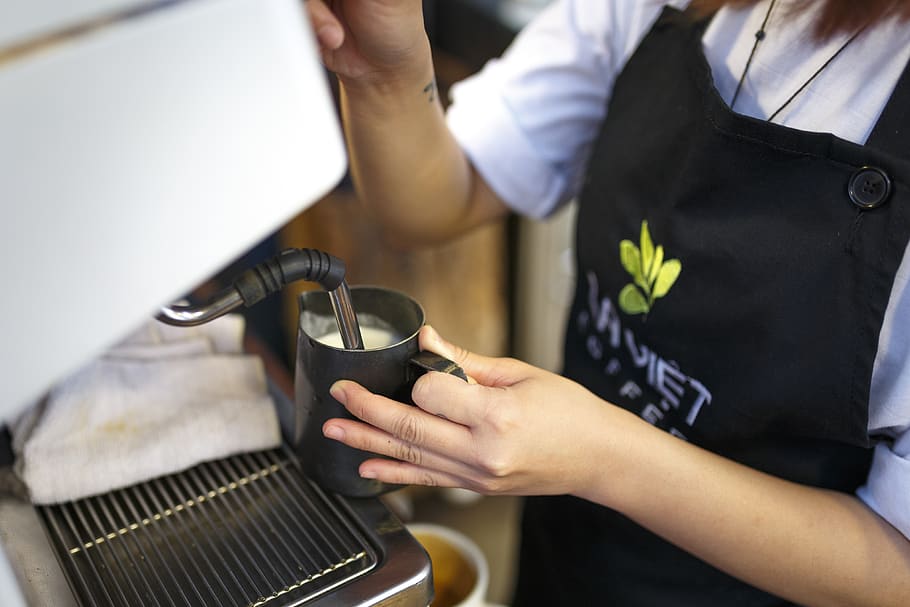 Person Making Froth, afron, barista, coffee, coffee machine, coffee shop