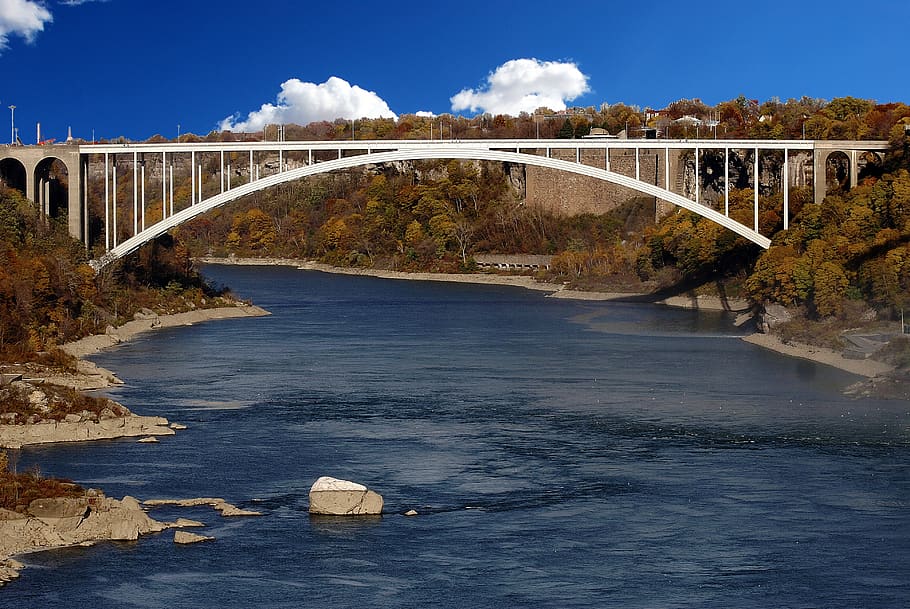 White Hanging Bridge, architecture, blue, blue sky, clouds, connection HD wallpaper