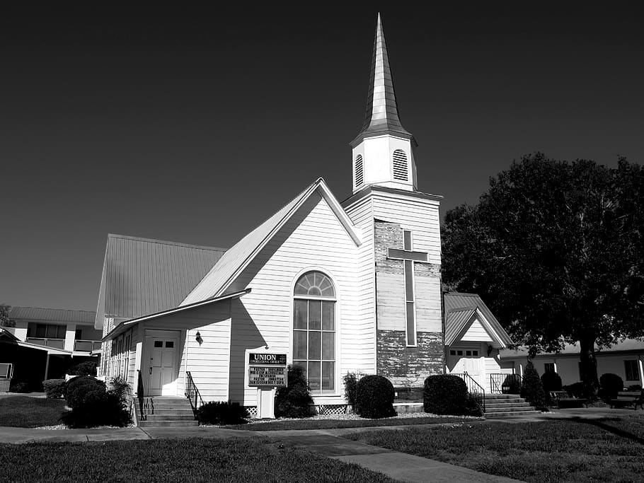 grayscale photography of parish, building, architecture, spire