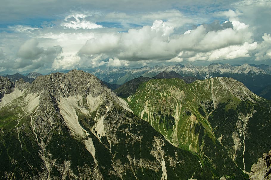 alps, mountains, height, landscape, view, summer, rocks, clouds HD wallpaper