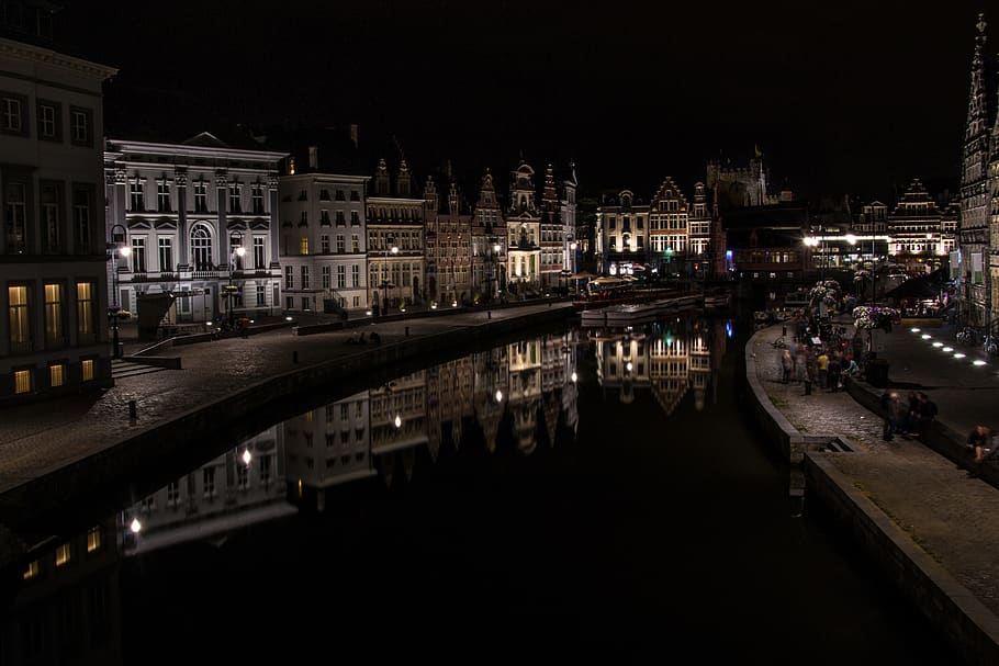 white concrete building, night, gent, belgium, korenlei, outdoors HD wallpaper