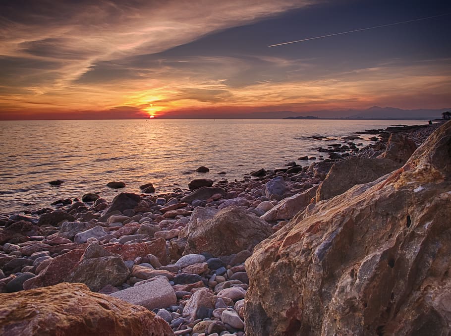 ocean view during sunset, sky, water, rock, sea, beauty in nature HD wallpaper