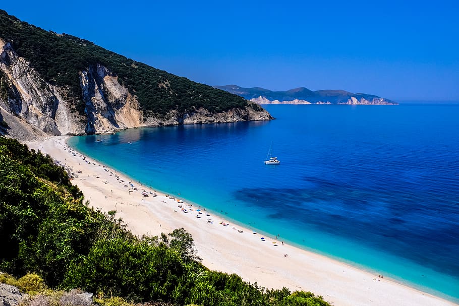 greece, myrtos beach, water, sea, land, nautical vessel, scenics - nature HD wallpaper