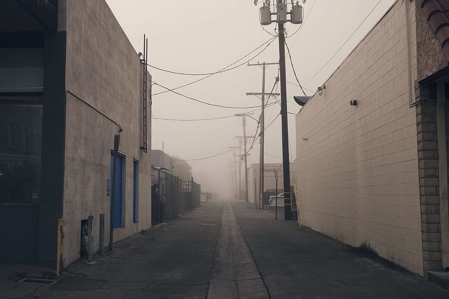 winter, architecture, fog, road, street, house, town, building HD wallpaper