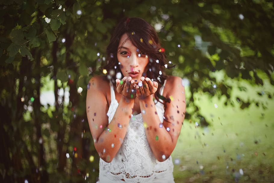 Woman Blowing Glitters On Her Hands, beautiful, confetti, fun HD wallpaper