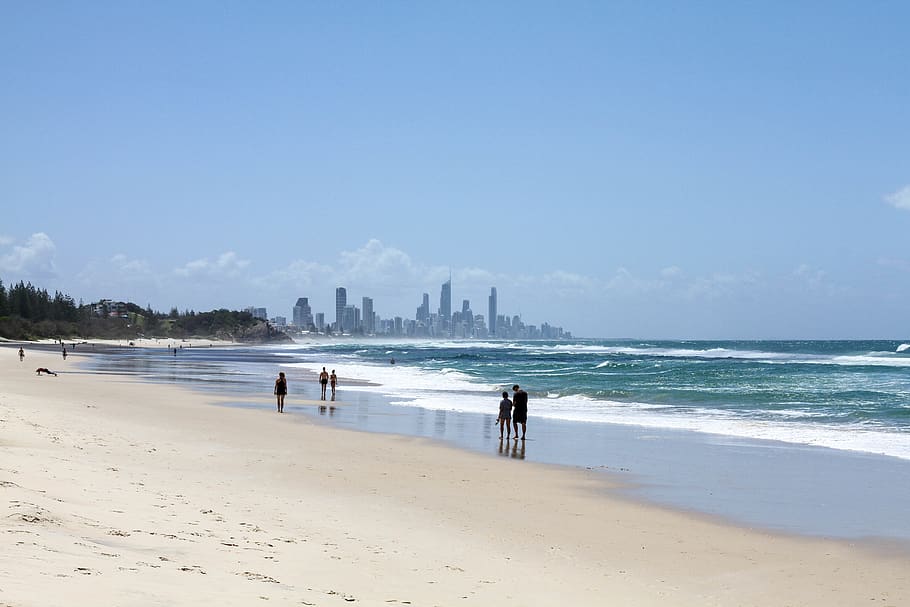 australia, gold coast, water, walk, calm, shoreline, city, cityscape, HD wallpaper