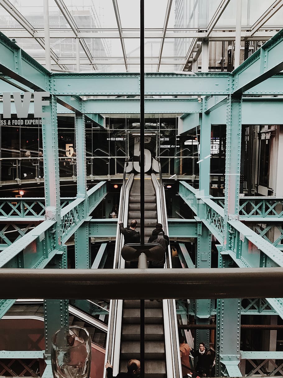 Teal Metal Building Frame, architecture, indoors, modern, people HD wallpaper