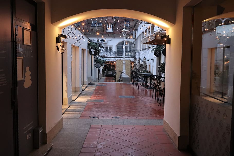 passage, evening, christmas, light, decoration, outdoor, architecture HD wallpaper