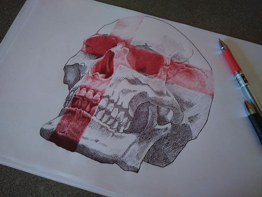 skull, double exposure, trash polka, tattoo, sketch, ballpen, HD wallpaper