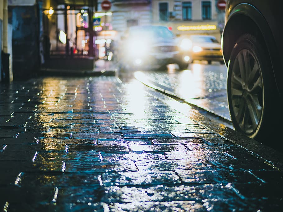 HD wallpaper: Photography of Street during Rainy Day, blurred background,  buildings | Wallpaper Flare