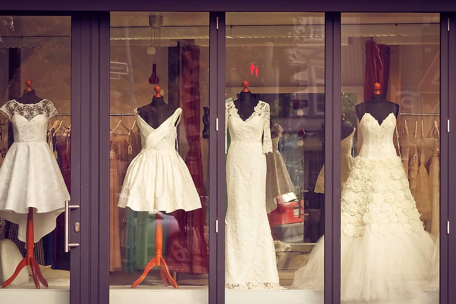 Four White Wedding Dresses, boutique, bridal, bridal fashion, HD wallpaper