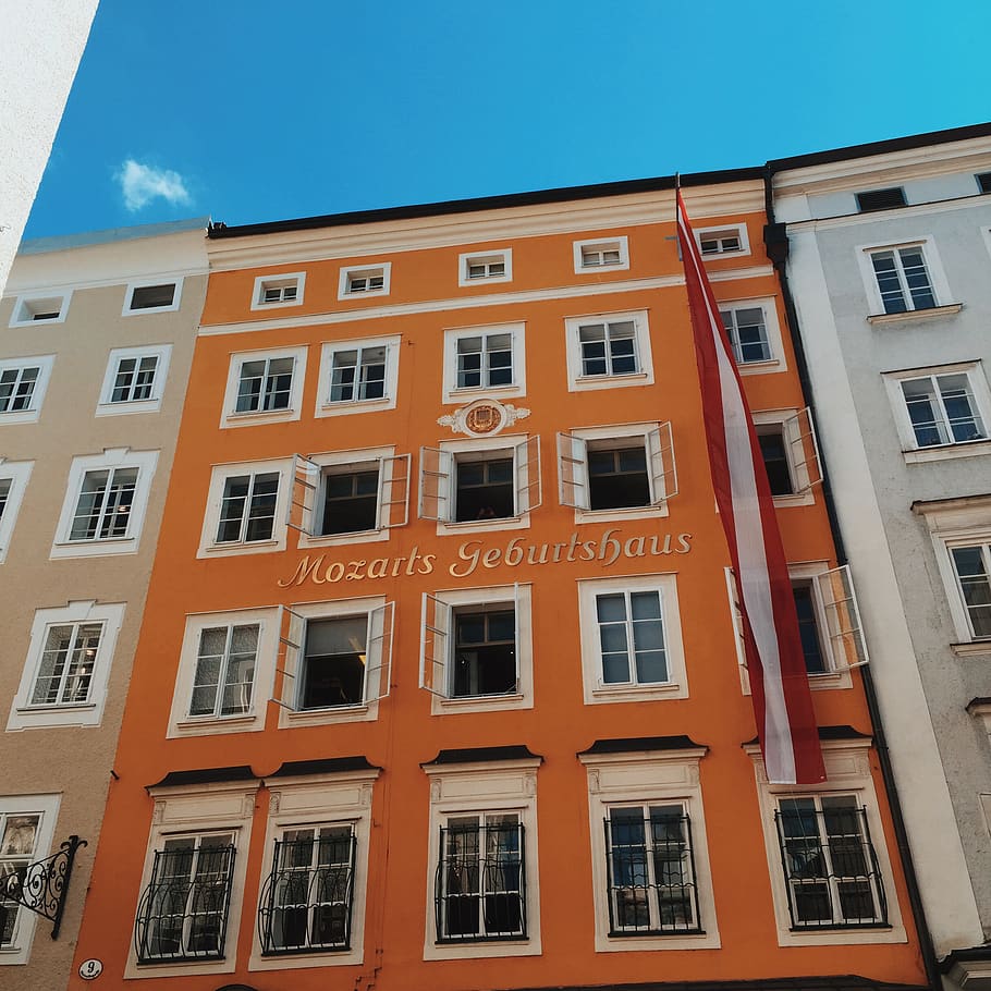 mozarts, orange, building, architecture, flag, window, building exterior HD wallpaper