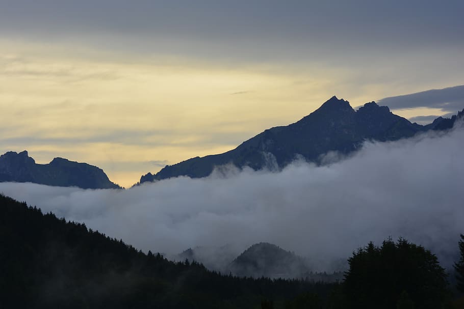 germany, ettal, bavaria, sunset, twilight, clouds, mountains HD wallpaper