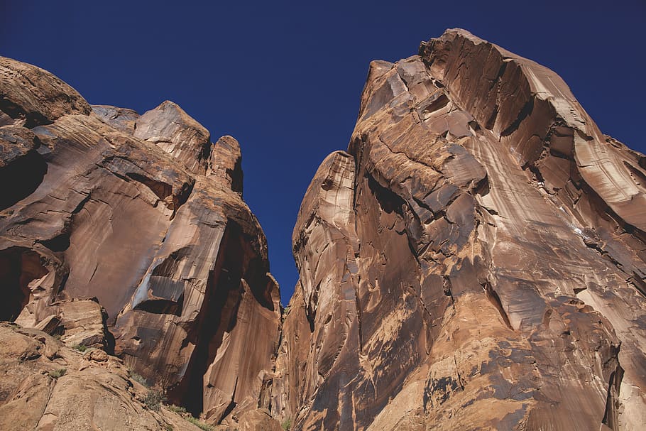 blue sky, rock formation, peak, mountain, rock - object, solid HD wallpaper