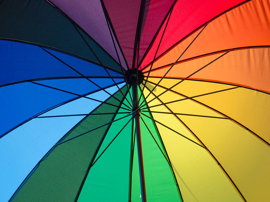 worms eye view multicolored umbrella, canopy, unbrella, rainbow colours HD wallpaper