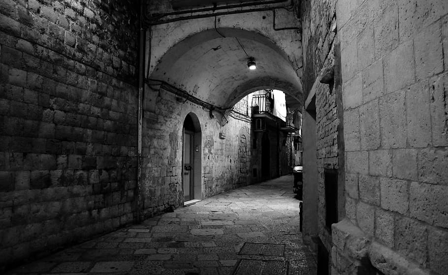 Grayscale Photo of Brick Walled Alley, arch, architecture, black-and-white HD wallpaper