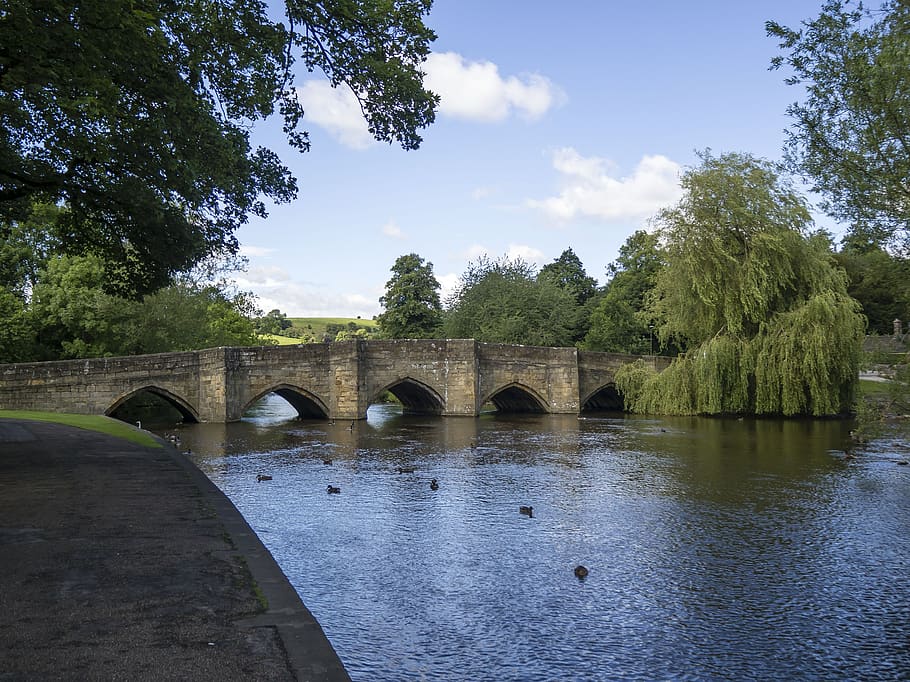 bakewell, england, bridge, water, tree, plant, connection, sky HD wallpaper