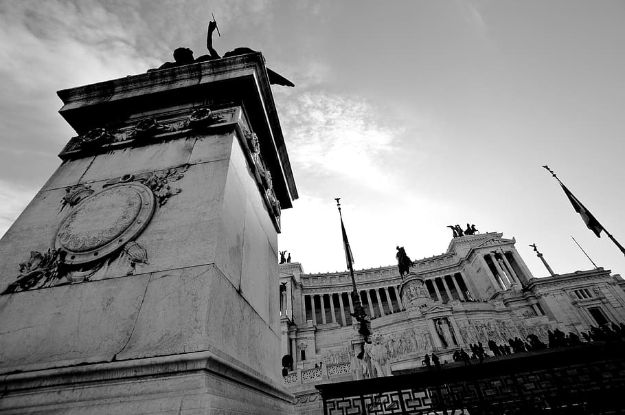 tower, architecture, building, flag, person, human, black and white HD wallpaper
