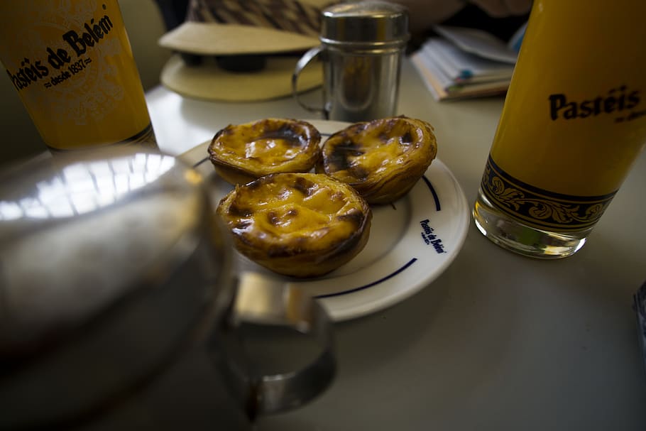 portugal, lisboa, pasteis de belem, plate, orange, juice, sugar HD wallpaper