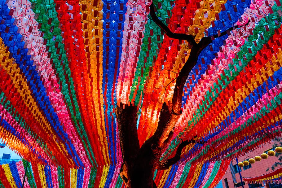 assorted-color lanterns at daytime, multi colored, textile, pattern HD wallpaper