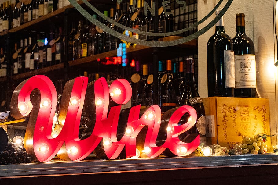 Red Wine Marquee Signage on Table, alcohol, bar, beverage, bottles HD wallpaper