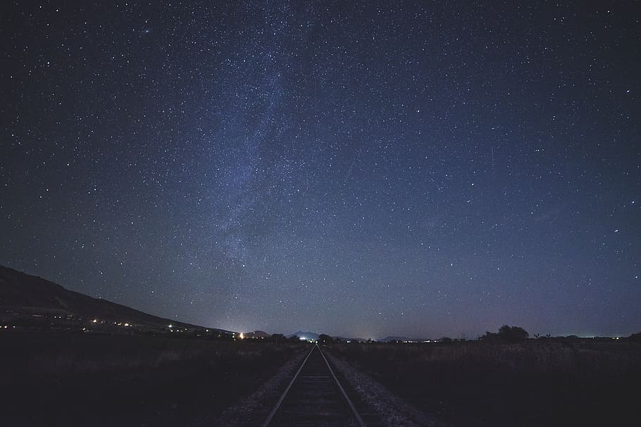 stars, sky, night, space, galaxy, lights, astronomy, railroad HD wallpaper