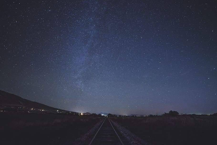 train rail during night time, stars, night sky, universe, united states, HD wallpaper