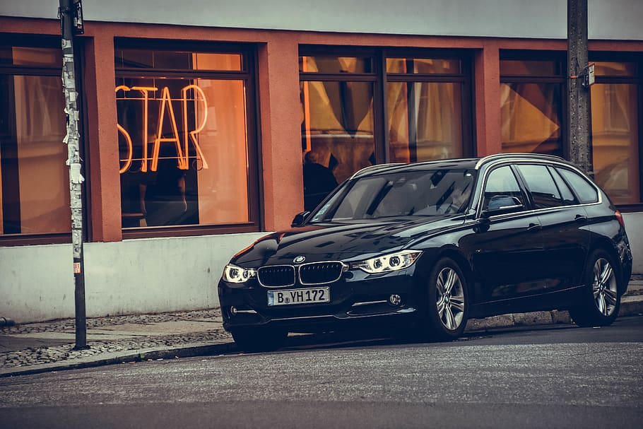 parked black car, vehicle, transportation, automobile, tire, machine HD wallpaper