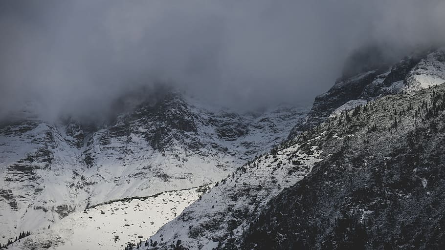 snow, winter, mountain, landscape, nature, black and white HD wallpaper