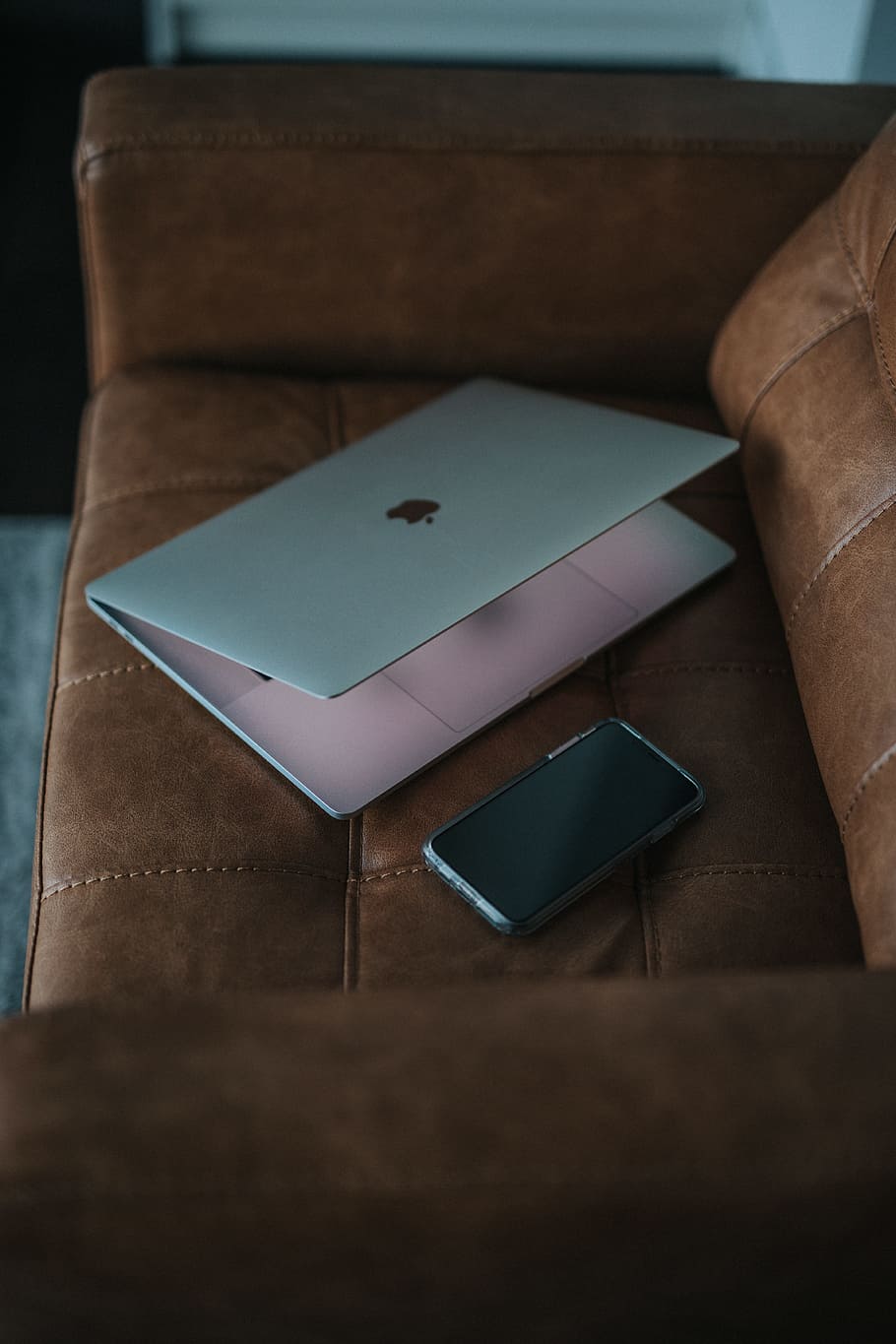 silver MacBook on sofa, laptop, phone, chair, computer, tech HD wallpaper