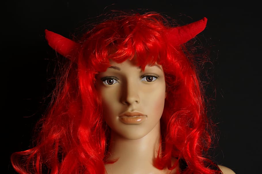 carnival, dress, devil, horns, red hair, panel, doll, model HD wallpaper
