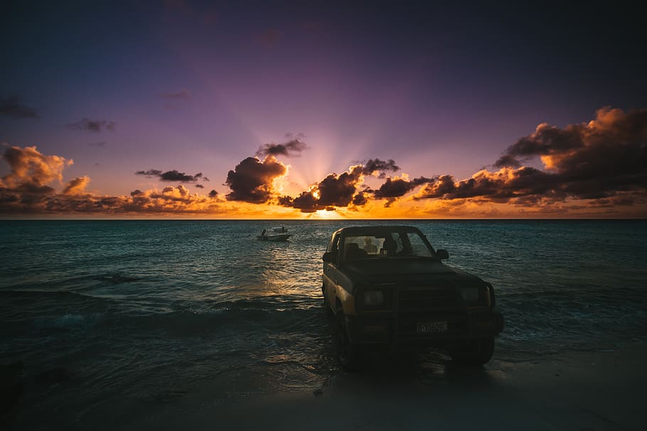 vehicle on seashore during sunset, transportation, automobile, HD wallpaper