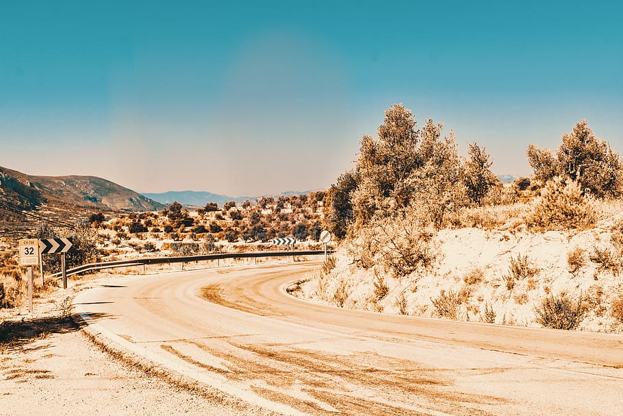 Empty Road Under Blue Sky, clear sky, desert, sand, tree, plant HD wallpaper