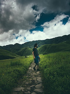 trees, hills, sky, people, portrait, human, nature, landscape HD wallpaper
