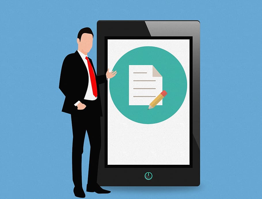 Notepad app on mobile tablet, with standing businessman illustration. HD wallpaper