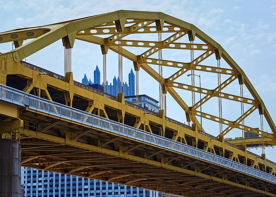 yellow metal bridge, built structure, architecture, sky, connection HD wallpaper